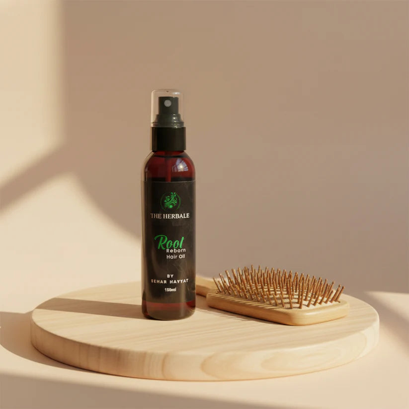The Herbale Root Reborn Hair Oil 150ml bottle with a wooden paddle hairbrush displayed on a round wooden platform with natural sunlight.