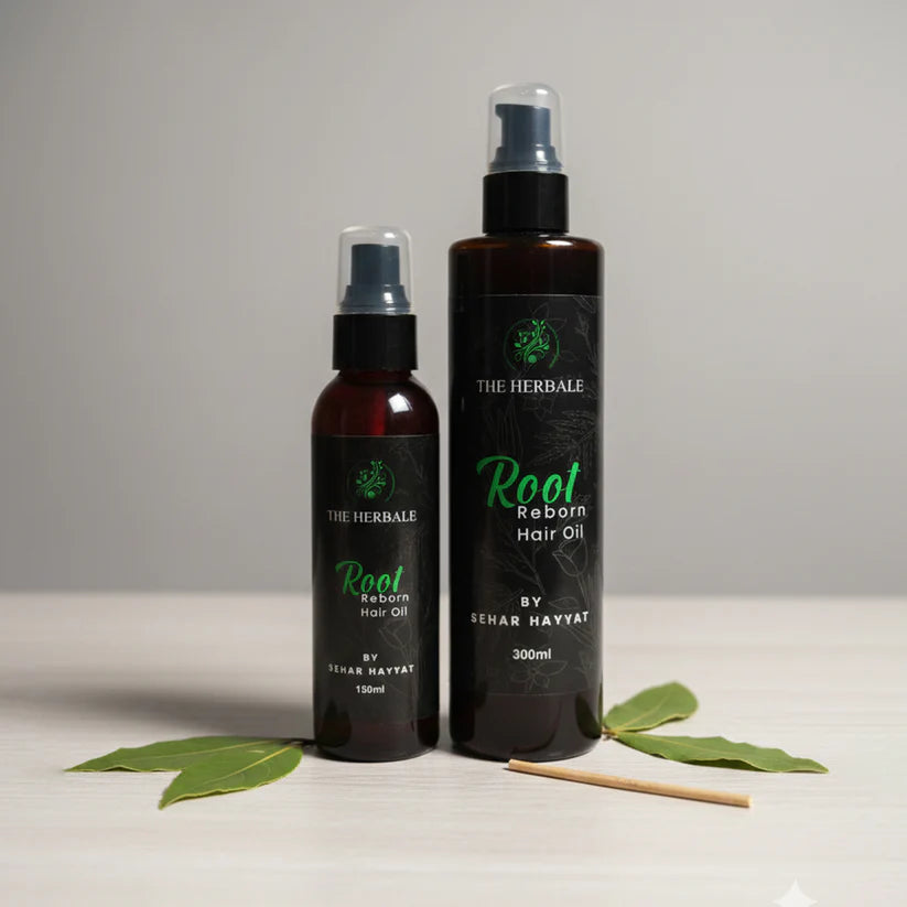 Root Reborn Hair Oil by Sehar Hayvat - 150ml and 300ml bottles displayed with fresh leaves and a natural bamboo stick, highlighting its rejuvenating properties for healthier, stronger hair.