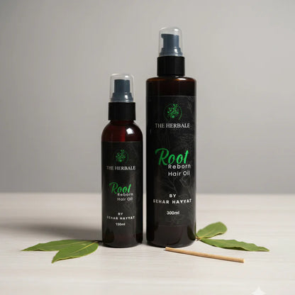 Root Reborn Hair Oil by Sehar Hayvat - 150ml and 300ml bottles displayed with fresh leaves and a natural bamboo stick, highlighting its rejuvenating properties for healthier, stronger hair.