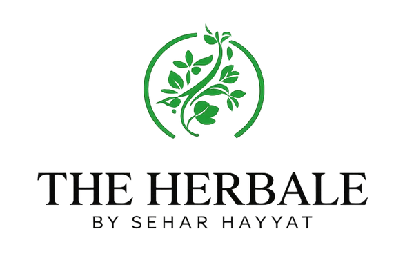 logo of The Herbale by Sehar Hayyat, featuring a green circular vine emblem with leaves above the bold text "THE HERBALE" and a smaller byline "BY SEHAR HAYYAT".