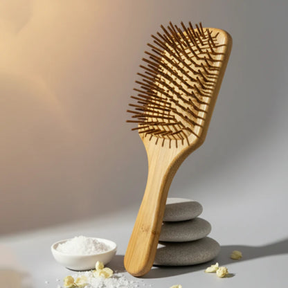 Wooden paddle hairbrush leaning against stacked spa stones with a small bowl of white bath salt and flower petals, creating a relaxing spa aesthetic.